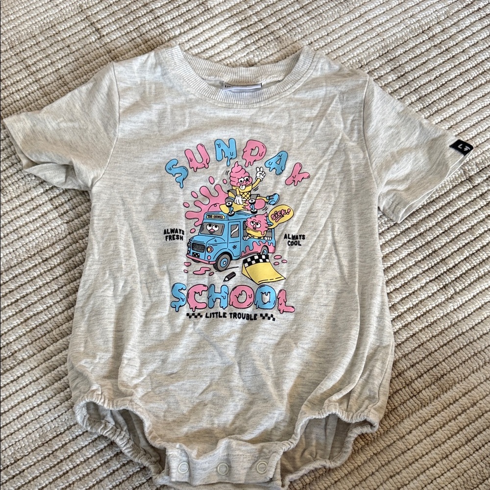 Sunday School Graphic Baby bubble Romper - Light Gray with Pink & Blue Print